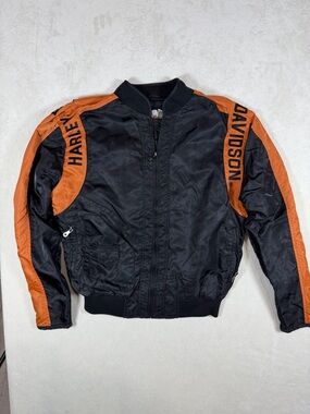 Harley-Davidson Size Large Black and Orange Racing-Style Bomber Jacket Original